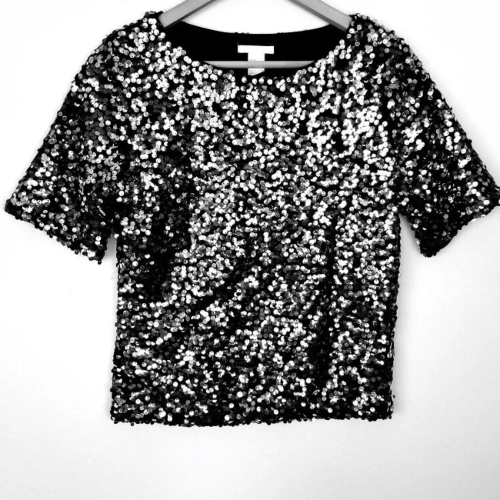 H&M black silver sequin cocktail party blouse